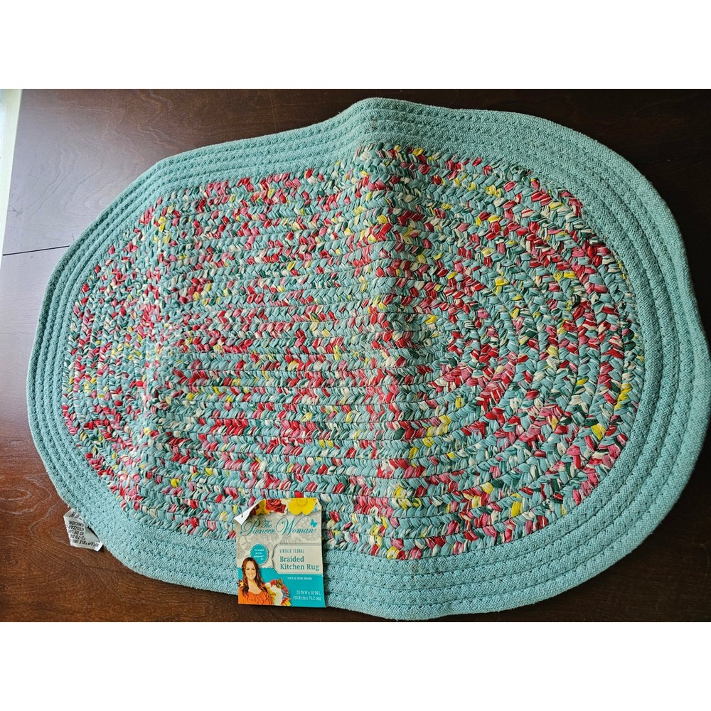 The Pioneer Woman Vintage Floral Braided Kitchen Rug Teal Oval 20x30 New